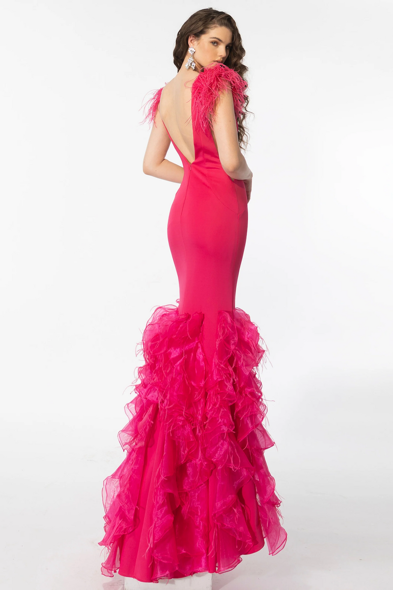 This unique dress features thick jersey fabric with a mermaid silhouette, feather detailing on shoulders, an illusion v-neckline, side illusion cut-outs, and a slight hem. Stun away at your next prom, pageant or formal event.   ARY 39312