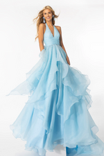 This dress features a halter neckline with a gathered waistline and a voluminous organza layer skirt. This dress has an A-line silhouette and the fabric has great movement. This could be just the vibe for your next prom or formal event.  ARY 39560