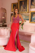 The dress features a plunging V-neckline adorned with shimmering embellishments that add texture and allure. The bodice includes a corset-like structure with visible boning for a flattering fit and support. The fitted silhouette with this unique design makes it ideal for your next pageant or prom.

ARY 40114