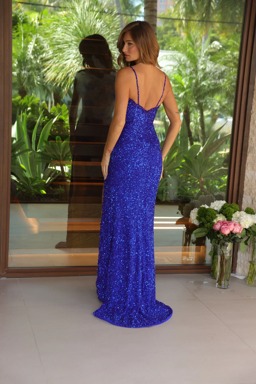 This dress features a sequin fabric with a plunging V-neckline, a low open back and a floor-length hemline with a slight train. This is a glamorous choice for your next prom or formal event.

ARY 47147
