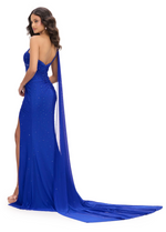 This dress features a one-shoulder gown neckline complimented with press-on stones throughout the fabric. This look is completed with a one-shoulder cape that takes this to the next level.

Ashley Lauren 11736