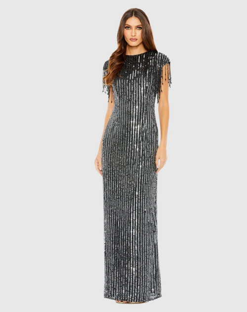 This dress features a high neckline with fringe cap-sleeves, a fully covered back with a fitted silhouette. The embellished sequin fabric adds glam to this stunning modest dress that could be ideal for your next prom or pageant.

Mac Duggal 5971