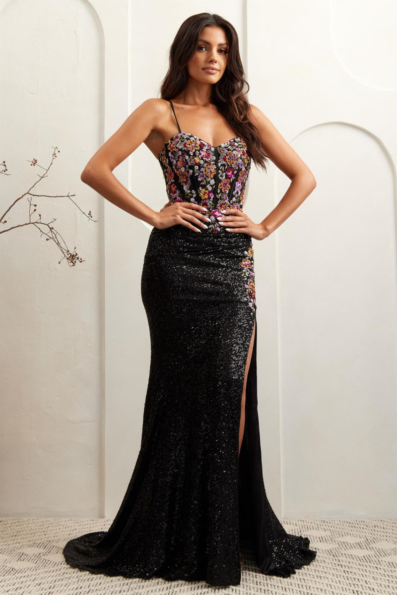 This dress features a fitted silhouette, skirt slit, sweetheart neckline, sequin fabric, floral details along the bodice, with a corset and lace up back. Add a pair of simple heels for a fun prom look.

ACE 7061
