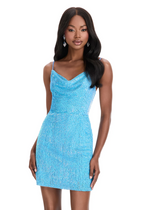 This cocktail dress features a&nbsp;fully beaded fabric with a cowl neck, spaghetti straps, and a fitted skirt. A stunning choice for your next homecoming or formal event!

Ashley Lauren 4580