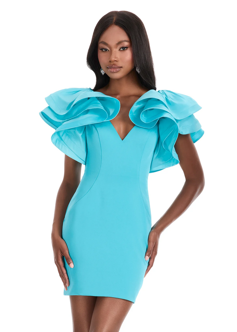This cocktail dress features dramatic ruffled sleeves and a sleek silhouette. Crafted from luxurious crepe and taffeta, this dress could be ideal for your next homecoming or formal event.

Ashley Lauren 4841
