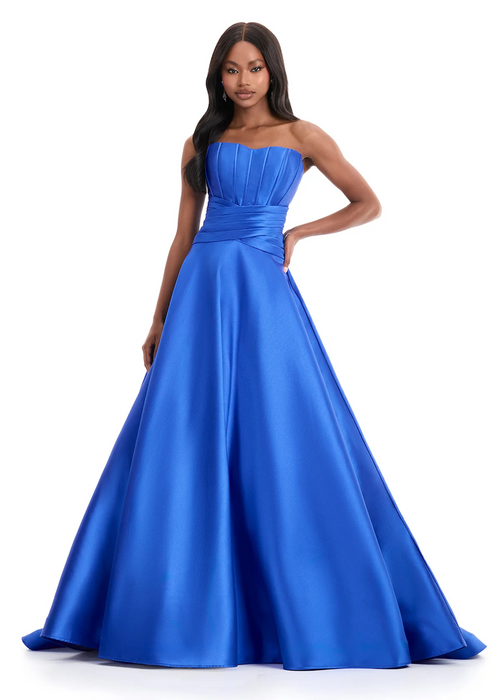 This gown features a strapless neckline with mikado fabric, and a structured bodice featuring a pleated waist detail. This dress may be perfect for your next prom, pageant or formal event.

Ashley Lauren 12055