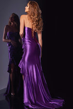 This dress features a strapless sweetheart neckline with a cutout in the bodice with corset boning, a lace-up back and a ruffle detail cascading down the dress. This look is playful and could be ideal for your next prom or formal event.

Jovani D5318A