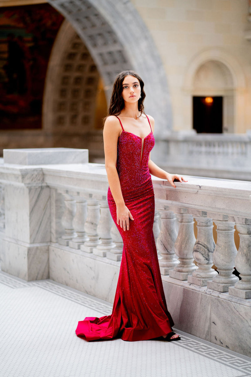This stunning fitted gown features a soft v-neckline with mesh detailing and sequins throughout. The corset-like bodice gives this dress an extra flair, making it perfect for prom.

Sherri Hill 55519