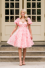 Crafted from cross-hatch tulle in dreamy watercolor pinks, this dress is a true showstopper. The structured corset top offers a universally flattering fit, the voluminous skirt is both playful and feminine, and puff sleeves complete the perfect look for your next homecoming or formal event!

AG 11001