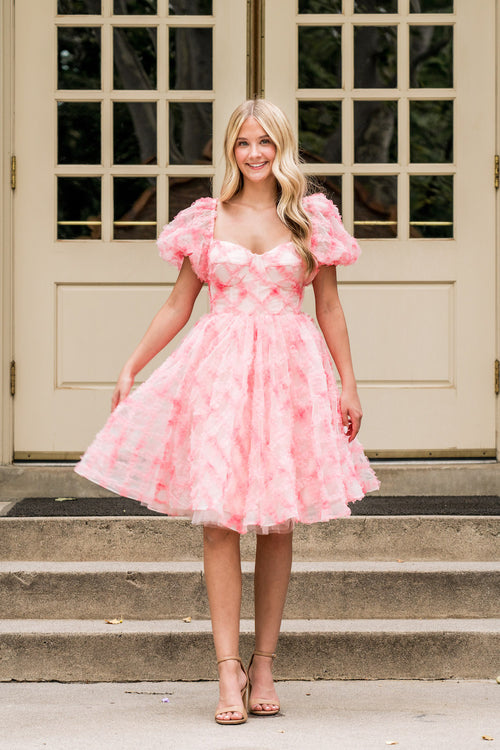 Crafted from cross-hatch tulle in dreamy watercolor pinks, this dress is a true showstopper. The structured corset top offers a universally flattering fit, the voluminous skirt is both playful and feminine, and puff sleeves complete the perfect look for your next homecoming or formal event!

AG 11001