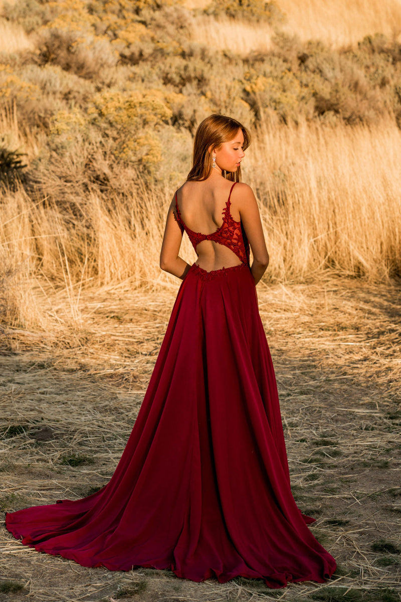 This fun chiffon gown features a semi-sheer lace bodice with a flowy skirt. Gwen also has an open back with delicate applique, making it the perfect dress for your upcoming prom.&nbsp;

DJ&nbsp;A10364