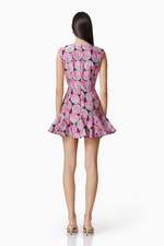 This cocktail dress features a luxe jacquard fabrication with butterfly and floral details throughout the fabric, a high neckline and covered back with an A-line silhouette. Style this dress to make it your own at your next homecoming or formal event.

ELT E6022502