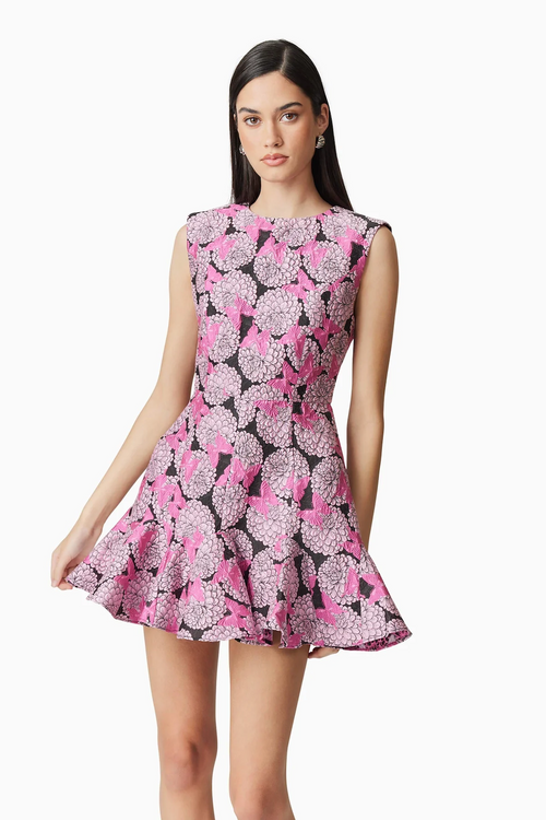 This cocktail dress features a luxe jacquard fabrication with butterfly and floral details throughout the fabric, a high neckline and covered back with an A-line silhouette. Style this dress to make it your own at your next homecoming or formal event.

ELT E6022502
