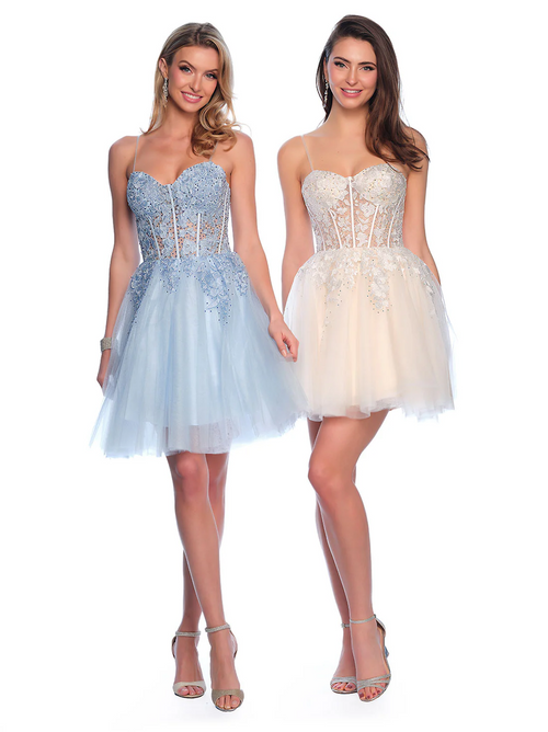 This cocktail dress features a sheer corset bodice with lace applique, spaghetti straps, and a tulle A-line skirt. Style this dress to make it your own at your next homecoming, sweethearts or formal event.&nbsp;  DJ 11206