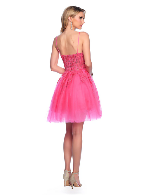 This cocktail dress features a sheer corset bodice with lace applique, spaghetti straps, and a tulle A-line skirt. Style this dress to make it your own at your next homecoming, sweethearts or formal event.&nbsp;  DJ 11206