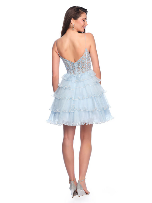 This cocktail dress features a sheer corset bodice with lace applique, a V-neckline, and spaghetti straps. The tiered ruffle skirt creates an A-line silhouette that may be perfect for your next homecoming or formal event.  DJ 11753