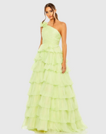This stunning sheer chiffon gown is styled with a single shoulder frill, a pleated bodice and waistband, and a tiered skirt. The asymmetrical strappy back adds an unexpected finish to this elegant dress that could be ideal for your next prom or formal event.

Mac Duggal 67979