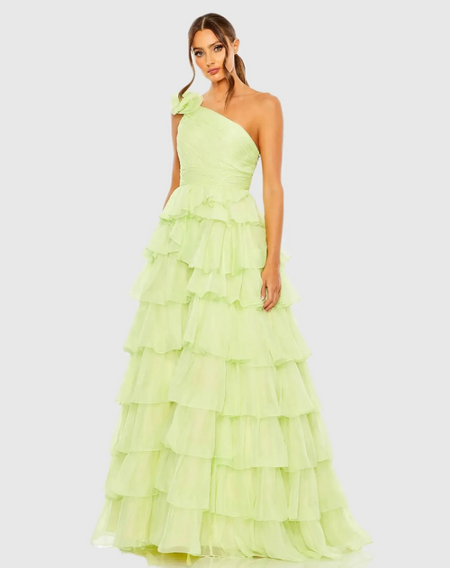 This stunning sheer chiffon gown is styled with a single shoulder frill, a pleated bodice and waistband, and a tiered skirt. The asymmetrical strappy back adds an unexpected finish to this elegant dress that could be ideal for your next prom or formal event.

Mac Duggal 67979