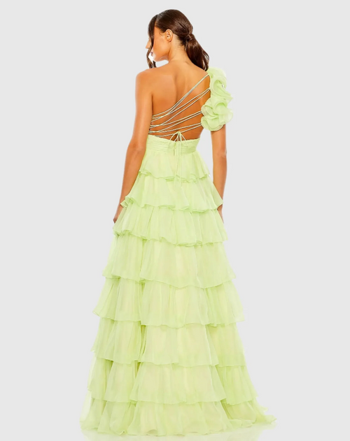 This stunning sheer chiffon gown is styled with a single shoulder frill, a pleated bodice and waistband, and a tiered skirt. The asymmetrical strappy back adds an unexpected finish to this elegant dress that could be ideal for your next prom or formal event.

Mac Duggal 67979