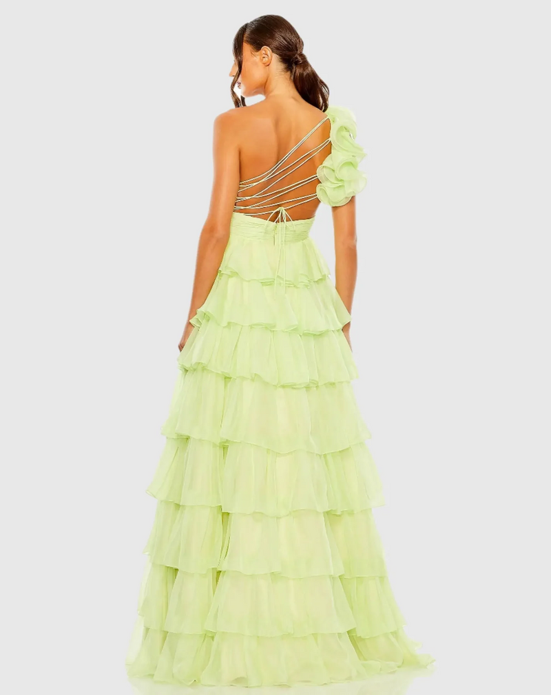 This stunning sheer chiffon gown is styled with a single shoulder frill, a pleated bodice and waistband, and a tiered skirt. The asymmetrical strappy back adds an unexpected finish to this elegant dress that could be ideal for your next prom or formal event.

Mac Duggal 67979