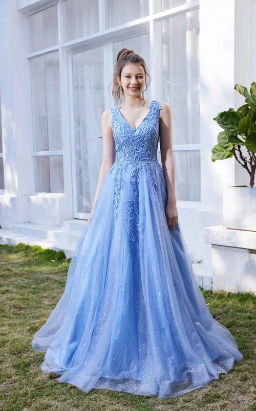 This dress&nbsp;is adorned with leaf appliques on the torso that cascades towards the silhouette. The dress features a V-neckline with an A-line silhouette while the tulle fabric skirt overlay. Style this dress to make it your own at your next prom or formal event.

JAD J21032