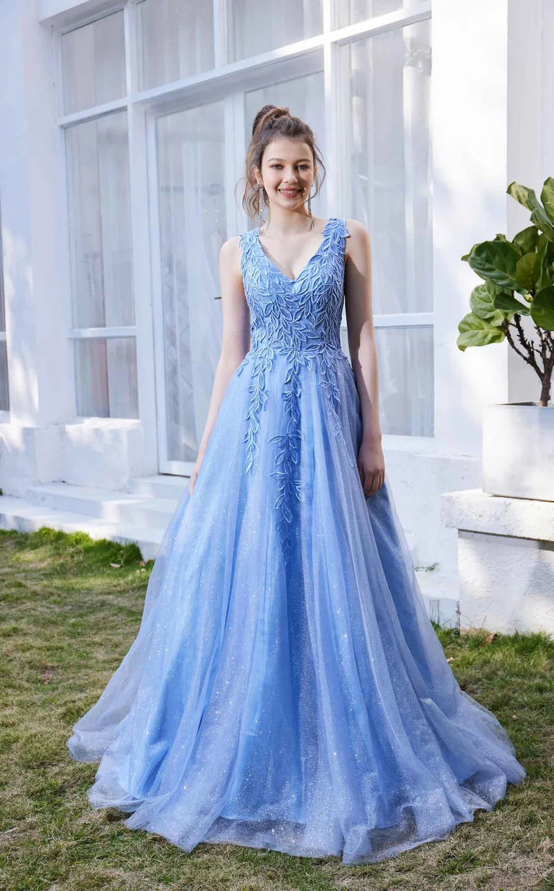 This dress&nbsp;is adorned with leaf appliques on the torso that cascades towards the silhouette. The dress features a V-neckline with an A-line silhouette while the tulle fabric skirt overlay. Style this dress to make it your own at your next prom or formal event.

JAD J21032