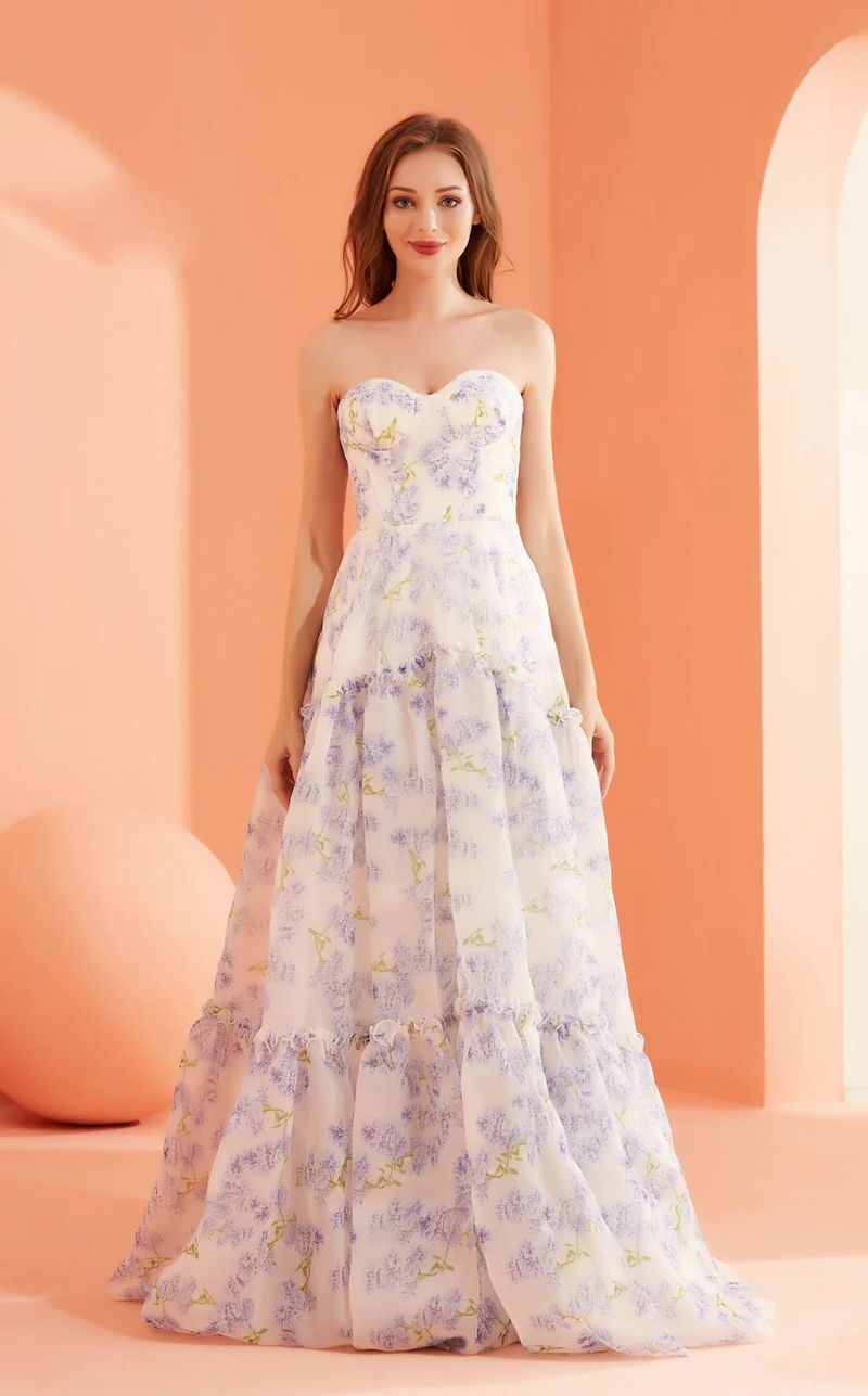 This dress features a strapless sweetheart neckline with a drop waistline that flows into an A-line silhouette. The fabric has a subtle floral print which may be ideal for your next prom or formal event!

JAD J22008