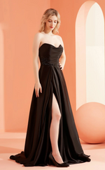 This dress features a sweetheart neckline with pleated detailing on the fitted bodice. The strapless layout looks elegant with the stone applique embellishment near the waistline. It is a full-length dress that features an A-line silhouette and a slit opening.

JAD J22053