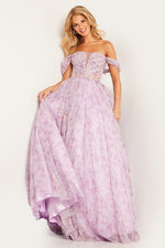 This dress features an off-the-shoulder neckline paired with a deep v bodice with ruched detailing and corset boning. The back has a lace-up closure, and the fabric features a printed floral design with stones scattered throughout the skirt all in a chiffon fabric. Choose this stunning ballgown for your next prom or formal event.   Jovani JVN36581A