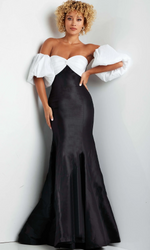 This dress features a strapless sweetheart neckline with removable off-the-shoulder puff sleeves. This gown is fitted with a tie-back, ruched bodice, and taffeta fabric. This dress is modern and unique and could be just the vibe for your next prom or formal event.  Jovani JVN38432A