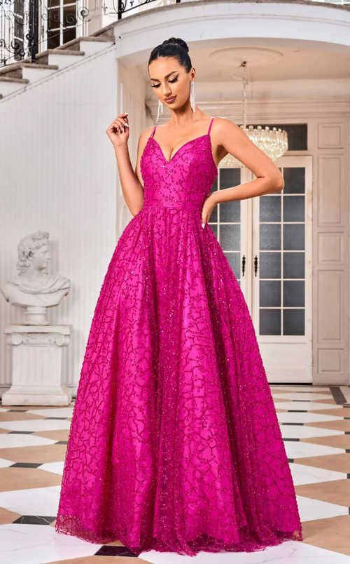 <p>This gown features a v-neckline with spaghetti straps and a lace-up back. The top layer of this fabric has embroidered tulle and an A-line silhouette. Choose this classic gown for your next prom or formal event!</p> <p>JAD J24032</p>
