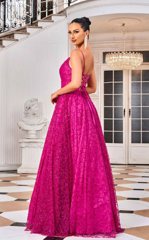 <p>This gown features a v-neckline with spaghetti straps and a lace-up back. The top layer of this fabric has embroidered tulle and an A-line silhouette. Choose this classic gown for your next prom or formal event!</p> <p>JAD J24032</p>