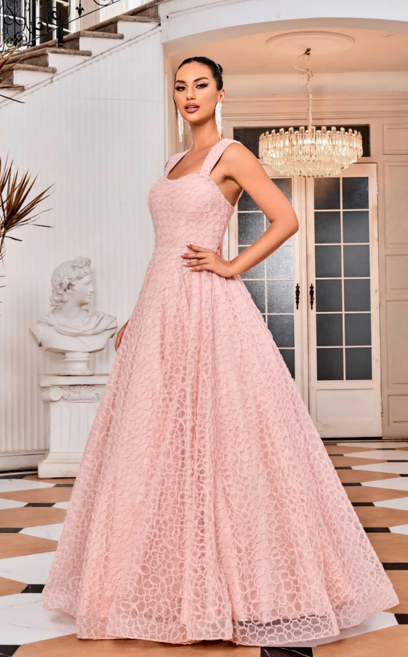 <p>This gown features a "Queen Anne" neckline with thick straps and a lace-up back. The A-line silhouette has a full skirt and a top layer of tulle with detailing to create a unique texture pattern. A classic choice for your next prom or formal event.&nbsp;</p> <p>JAD J24037</p>