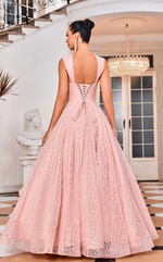 <p>This gown features a "Queen Anne" neckline with thick straps and a lace-up back. The A-line silhouette has a full skirt and a top layer of tulle with detailing to create a unique texture pattern. A classic choice for your next prom or formal event.&nbsp;</p> <p>JAD J24037</p>