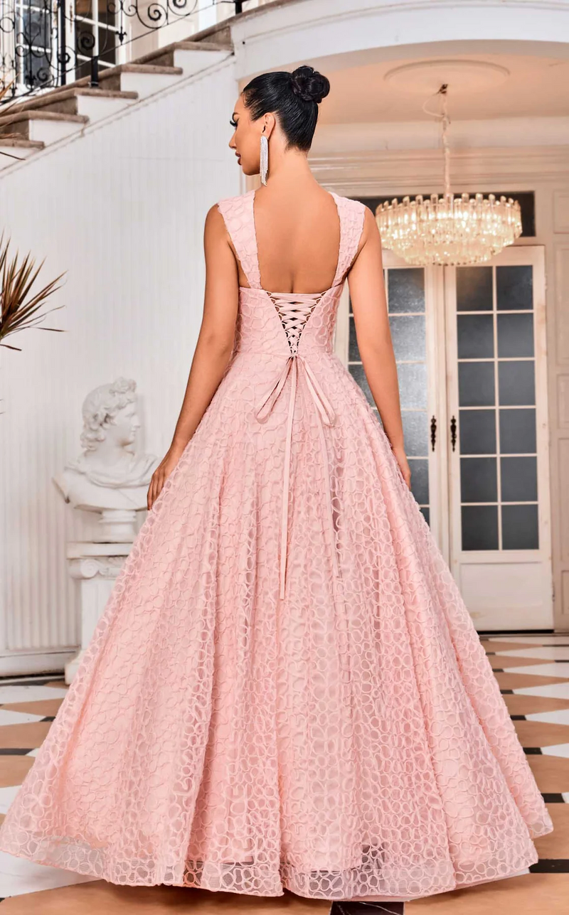 <p>This gown features a "Queen Anne" neckline with thick straps and a lace-up back. The A-line silhouette has a full skirt and a top layer of tulle with detailing to create a unique texture pattern. A classic choice for your next prom or formal event.&nbsp;</p> <p>JAD J24037</p>