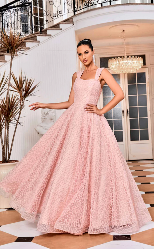 <p>This gown features a "Queen Anne" neckline with thick straps and a lace-up back. The A-line silhouette has a full skirt and a top layer of tulle with detailing to create a unique texture pattern. A classic choice for your next prom or formal event.&nbsp;</p> <p>JAD J24037</p>