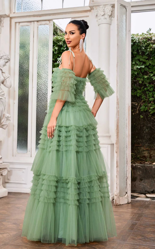 This dress features spaghetti straps and a straight across neckline with a ruffled A-line silhouette that adds a playful touch to the bodice and skirt. This dress also has removable sleeves for your convenience.

JAD J24043