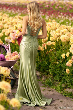 This Sherri Hill Gown features shiny jersey fabric with a beautiful lace bodice, deep v neck line, sheer sides and a lace up back. Pair this dress with some for earrings for the perfect prom look.&nbsp;

Sherri Hill 56276