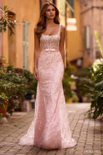 Lace fitted gown with scoop neckline and sheer corset bodice.    

