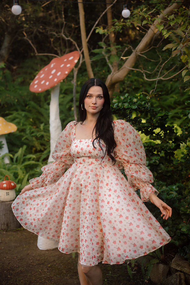 Crafted from a soft fabric featuring an enchanting mushroom print, this dress adds a touch of whimsy to your style. With long puffy sleeves, a cinched waist, and a lace-up back, this could be the ideal dress for your next homecoming or formal event.

AG 11005
