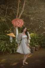 This mini-length dress features an organza fabric, long puffy sleeves, a cinched waist, mushroom forest print, and a lace-up back. This dress is unique and playful and a perfect choice if you are looking for a modest homecoming dress.

AG 11004