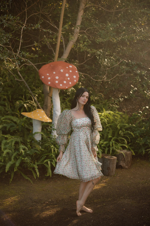 This mini-length dress features an organza fabric, long puffy sleeves, a cinched waist, mushroom forest print, and a lace-up back. This dress is unique and playful and a perfect choice if you are looking for a modest homecoming dress.

AG 11004