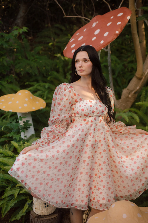 Crafted from a soft fabric featuring an enchanting mushroom print, this dress adds a touch of whimsy to your style. With long puffy sleeves, a cinched waist, and a lace-up back, this could be the ideal dress for your next homecoming or formal event.

AG 11005