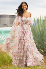 <p><span>This gown features tulle floral print fabric with a sheer corset bodice with ruffle embellishments and balloon sleeves. The neckline is off-the-shoulder, with a belt tie along the waistline and the skirt has ruffle detailing throughout. This dress has a romantic, boho-vibe which may be perfect for your next prom or formal event.</span></p> <p>Sherri Hill 55541</p>