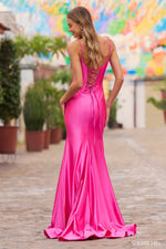 Corset fitted silky stretched satin gown with spaghetti straps and lace up back, perfect for your next prom!