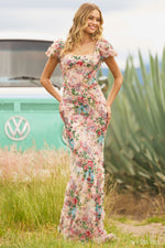 <p class="product-shortDesc">This modest dress features a floral print fabric with floral beaded embellishments throughout, corset boning on the bodice and ballon cap sleeves with a fitted silhouette. This dress has boho vibes and could be perfect for your next prom or formal event.</p> <p class="product-shortDesc">Sherri Hill 55617</p>