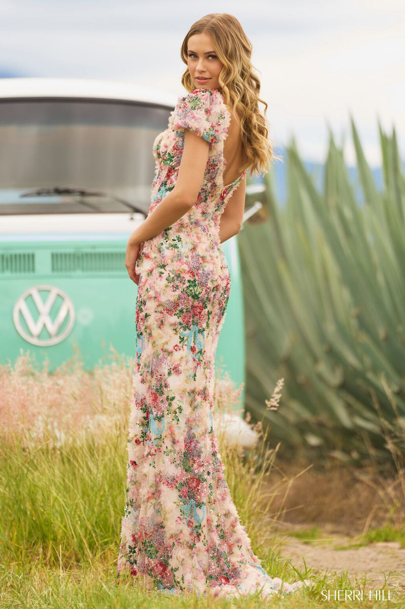 <p class="product-shortDesc">This modest dress features a floral print fabric with floral beaded embellishments throughout, corset boning on the bodice and ballon cap sleeves with a fitted silhouette. This dress has boho vibes and could be perfect for your next prom or formal event.</p> <p class="product-shortDesc">Sherri Hill 55617</p>