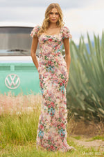 <p class="product-shortDesc">This modest dress features a floral print fabric with floral beaded embellishments throughout, corset boning on the bodice and ballon cap sleeves with a fitted silhouette. This dress has boho vibes and could be perfect for your next prom or formal event.</p> <p class="product-shortDesc">Sherri Hill 55617</p>