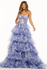 This Sherri Hill gown features an A-line silhouette with tulle floral fabric. The keyhole in the bodice and ruffle skirt with train are the feminine details that make this train truly unique. This dress could be perfect for your next prom or formal event.   Sherri Hill 55980