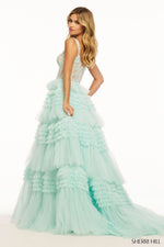 This Sherri Hill ballgown features tulle ruffle fabric with a lace corset bodice. Make a statement at your next prom or formal event in this stunning dress.   Sherri Hill 56019